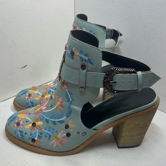 Blue Embroidered Studded Slingback Chunky Heeled Ankle Boots - Women’s Size 8 - Picture 3 of 11
